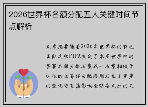 2026世界杯名额分配五大关键时间节点解析